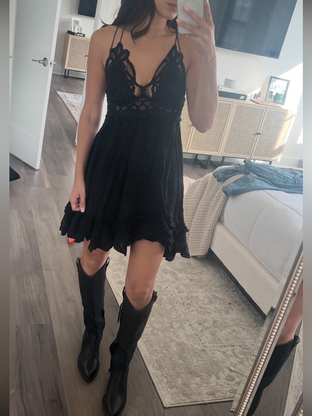 Free People Black Lace-Trim Mini Dress
